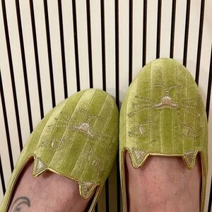 𝅺Charlotte Olympia Kitty Striped Velvet Slipper